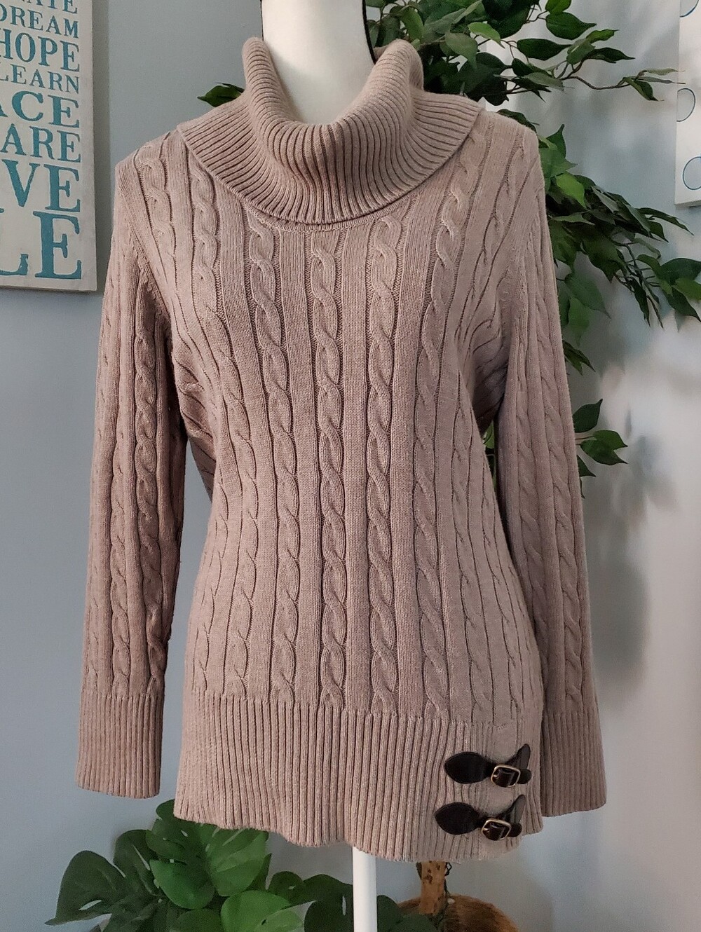 CALVIN KLEIN Cable Knit Long Turtleneck Double Buckle Sweater L